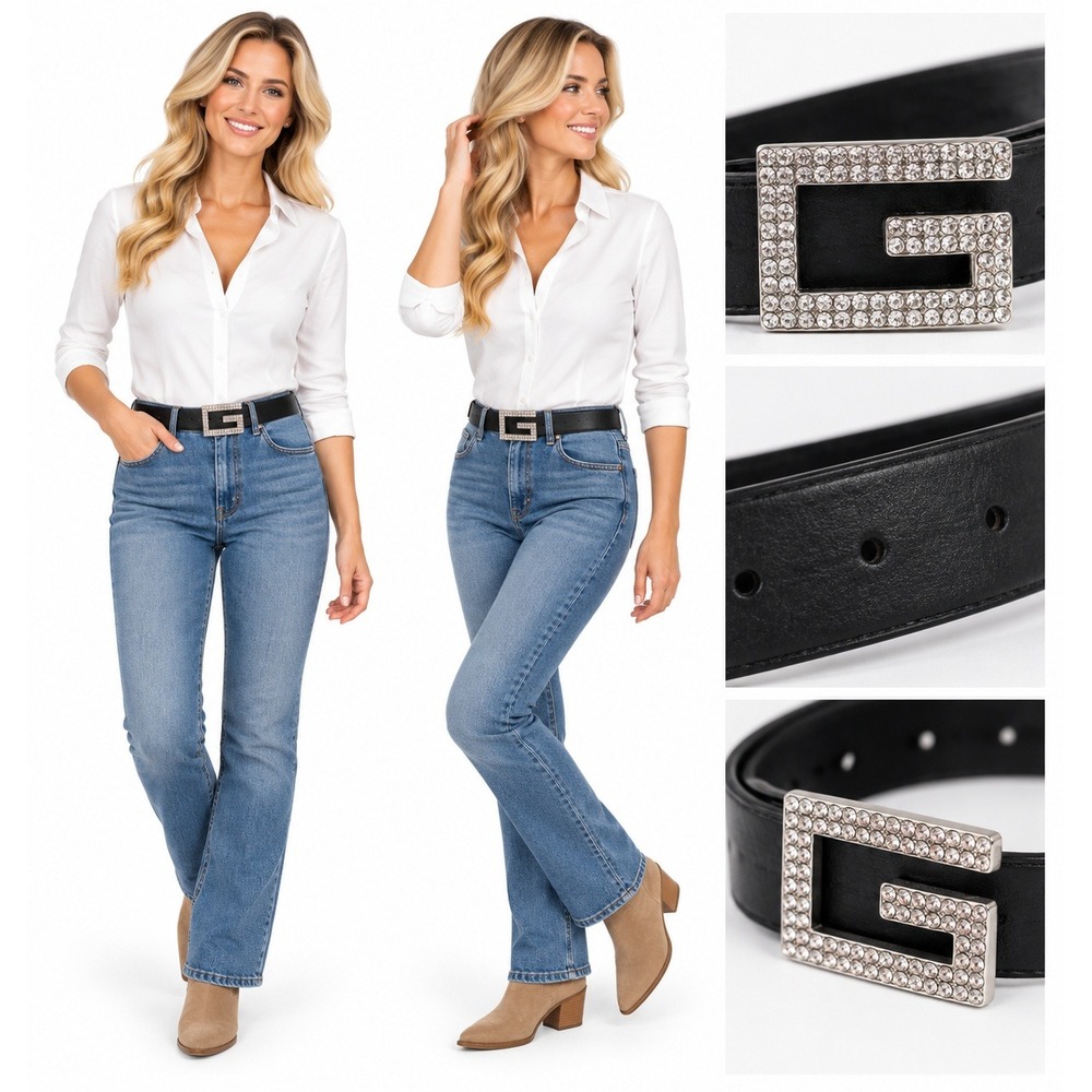 Guess Belt M Black Leather Rhinestone G Logo Buckle Y2K McBling Bling Glam Indie